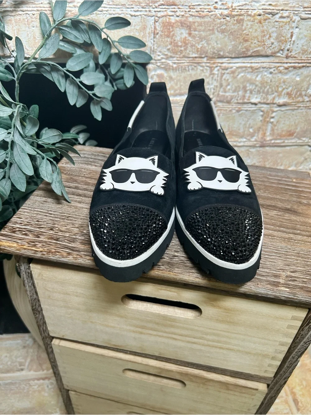 Karl Lagerfeld Paris Choupette Cat Crystal Toe Loafers Black Size 8.5 #18
